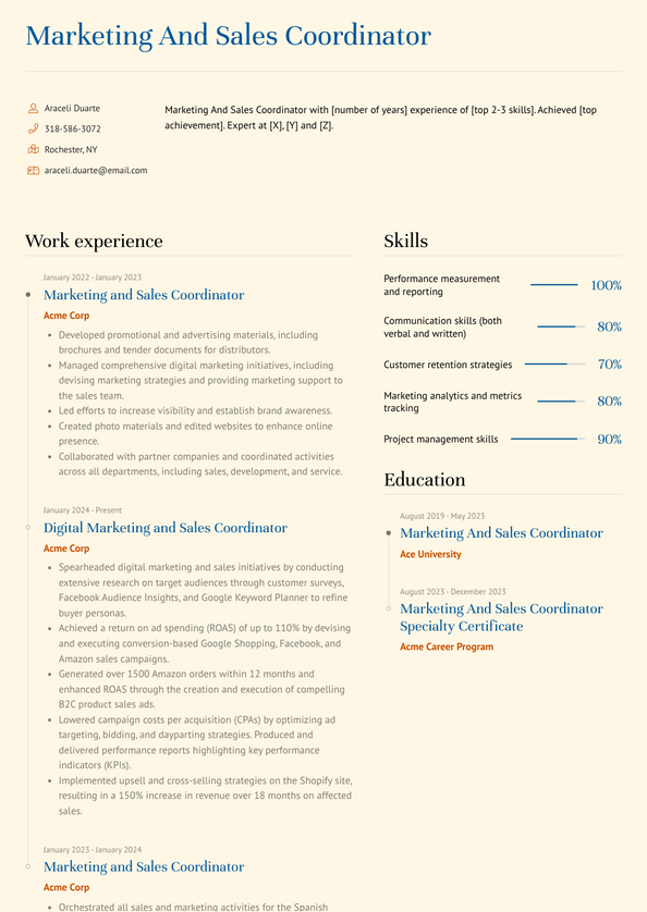 Marketing And Sales Coordinator Resume Examples and Templates