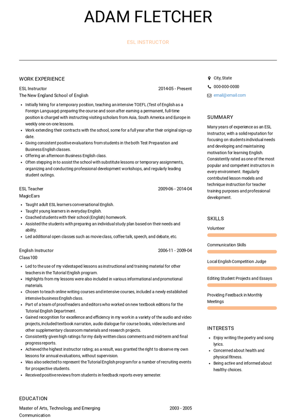 Esl Teacher Resume Samples and Templates | VisualCV