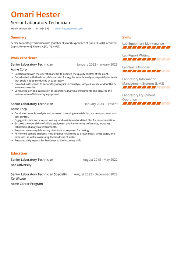 Senior Laboratory Technician Resume Examples and Templates