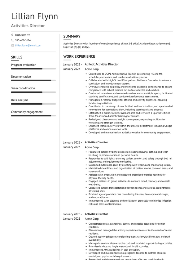 Activities Director Resume Examples and Templates