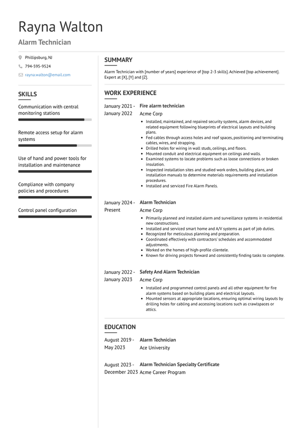 Alarm Technician Resume Examples and Templates