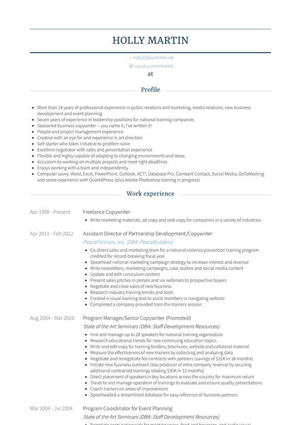 Freelance Copywriter Resume Samples [+ 2 Examples] | VisualCV