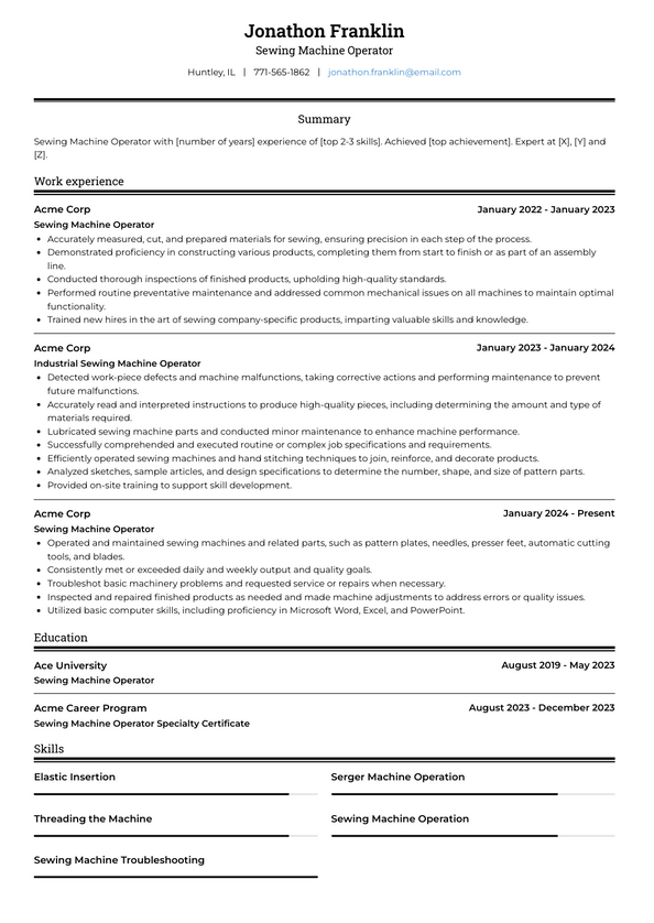 Sewing Machine Operator Resume Examples and Templates