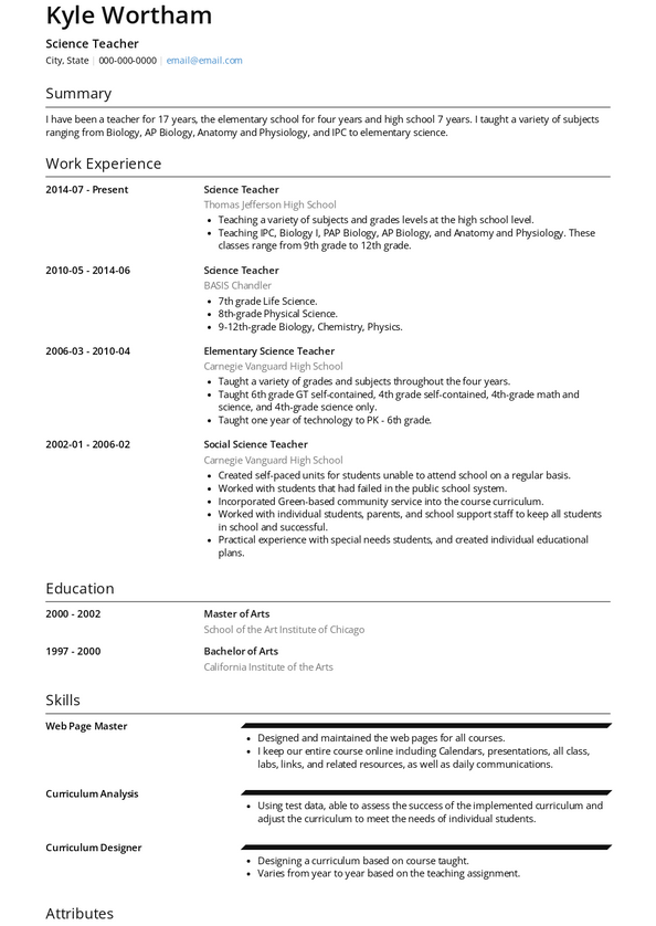 Science Teacher Resume Samples and Templates | VisualCV