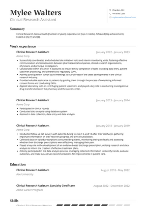 Clinical Research Assistant Resume Sample and Template