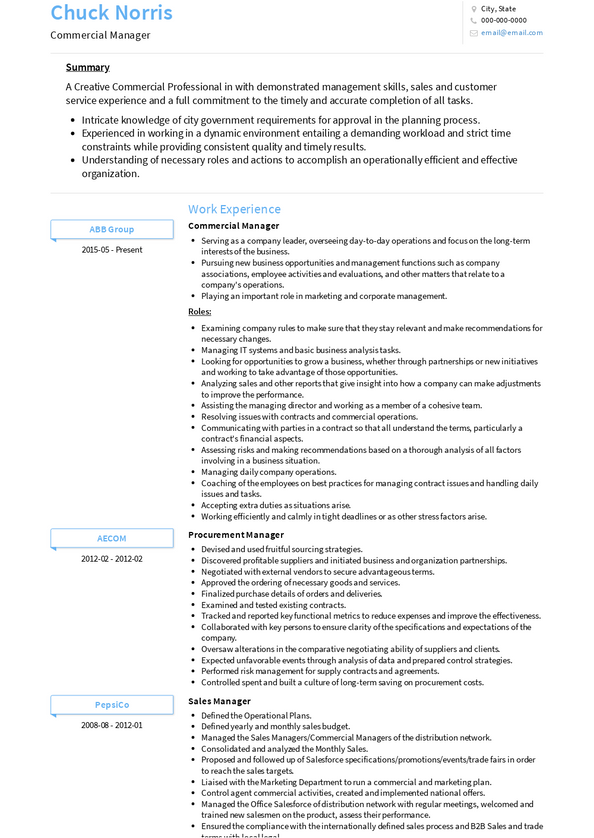 Commercial Manager Resume Examples