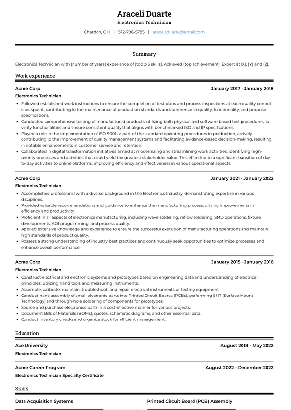 3+ Electronics Technician Resume Examples and Templates