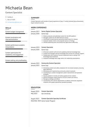 Content Specialist Resume Sample and Template