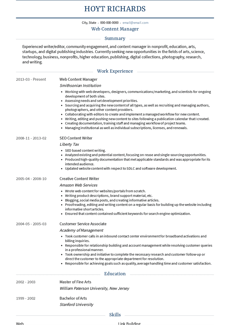Web Content Manager Resume Samples And Templates Visualcv