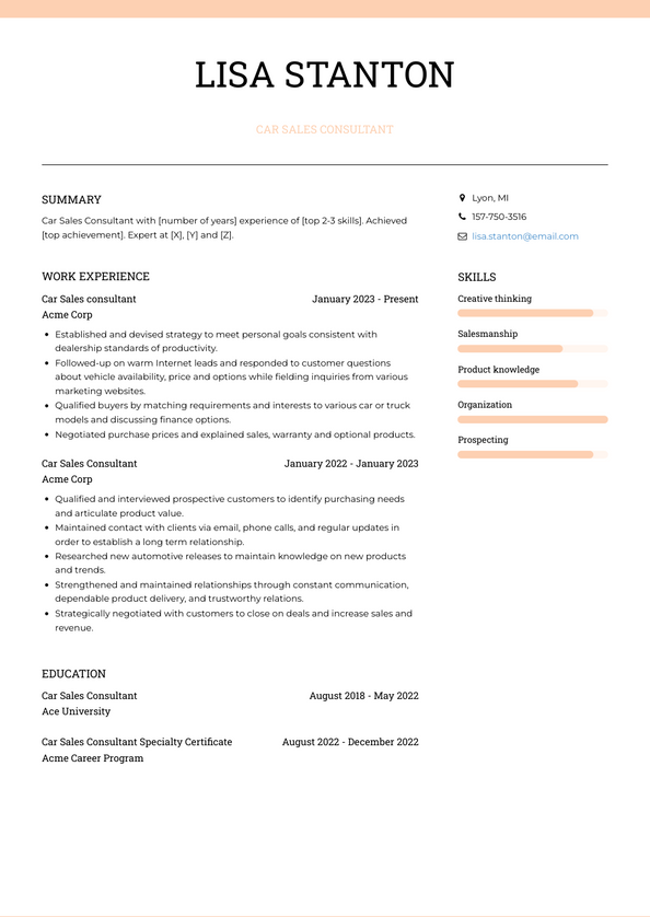 Car Sales Consultant Resume Examples and Templates