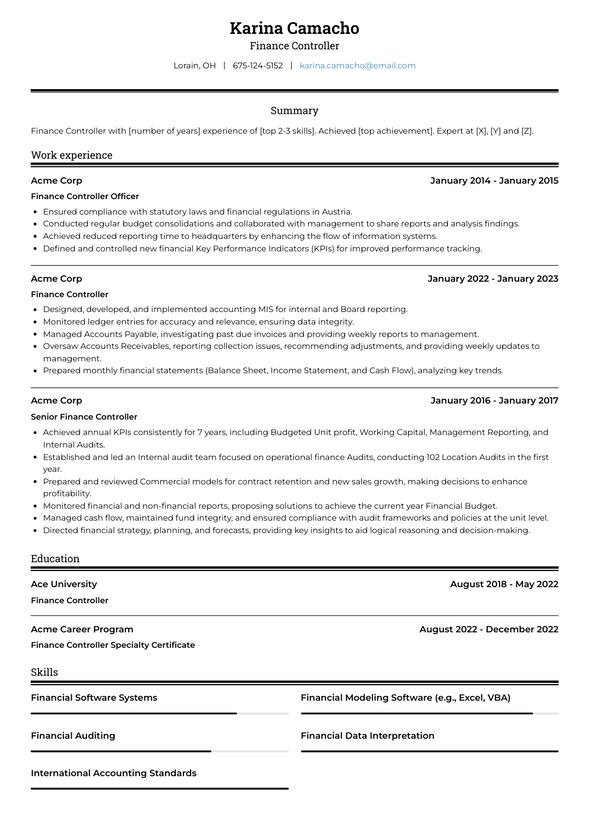 Finance Controller Resume Examples And Templates   Finance Controller Resume Example Ats 