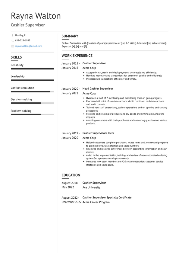 Cashier Supervisor Resume Examples and Templates