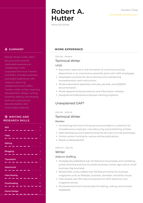 pink color resume template denali