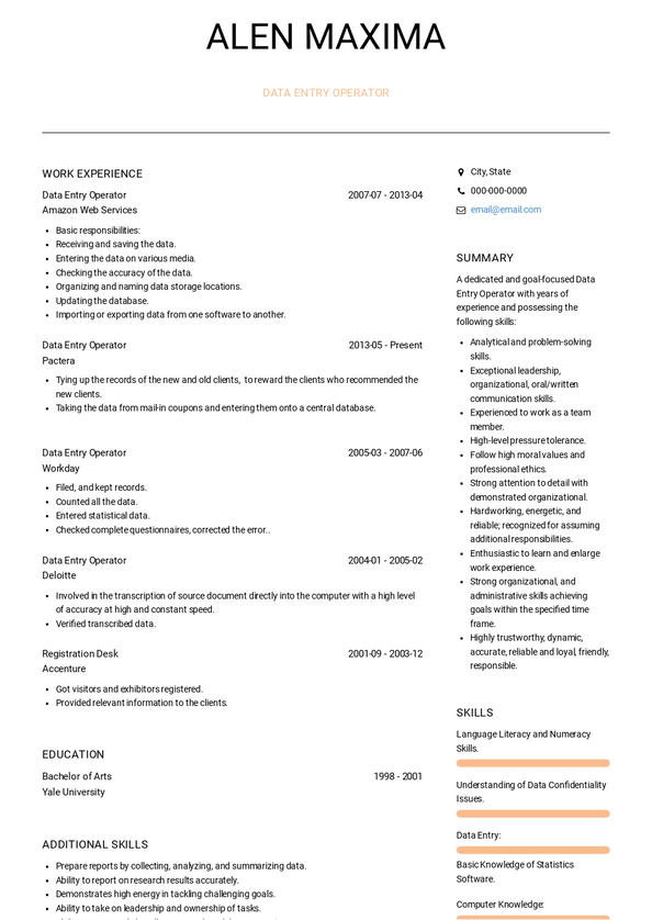 Data Entry Operator Resume Samples and Templates VisualCV