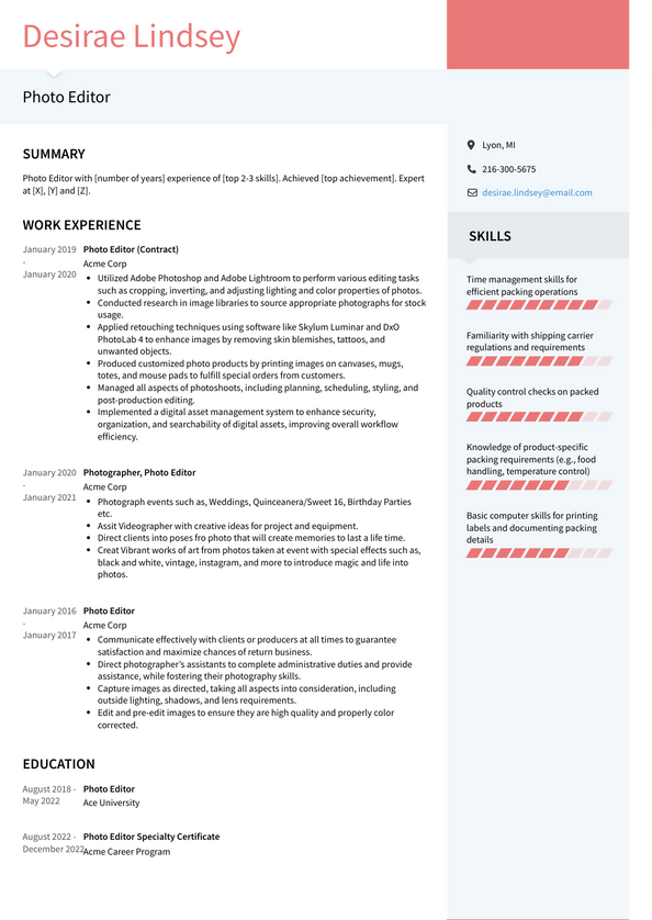 Photo Editor Resume Examples and Templates