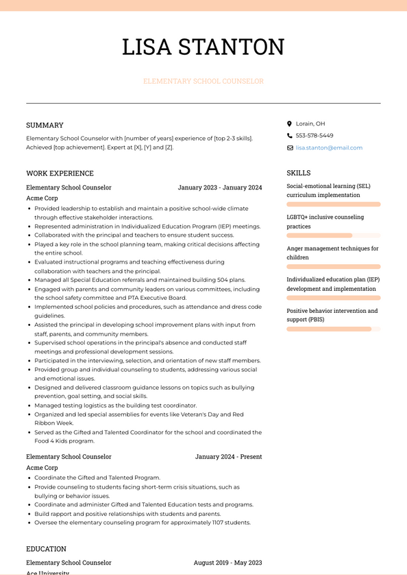 Elementary School Counselor Resume Examples and Templates