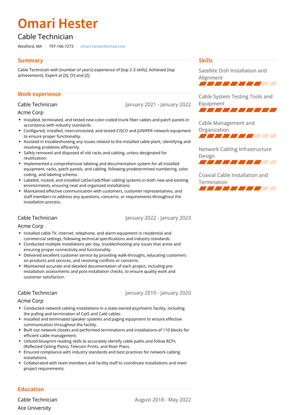 Cable Technician Resume Examples and Templates