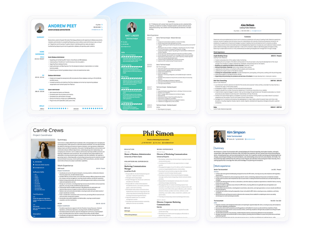 Six resumes in different templates for engineering, marketing, project management and tax roles