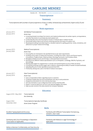 Transcriptionist Resume Sample and Template