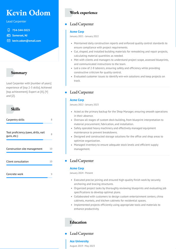 Lead Carpenter Resume Examples and Templates