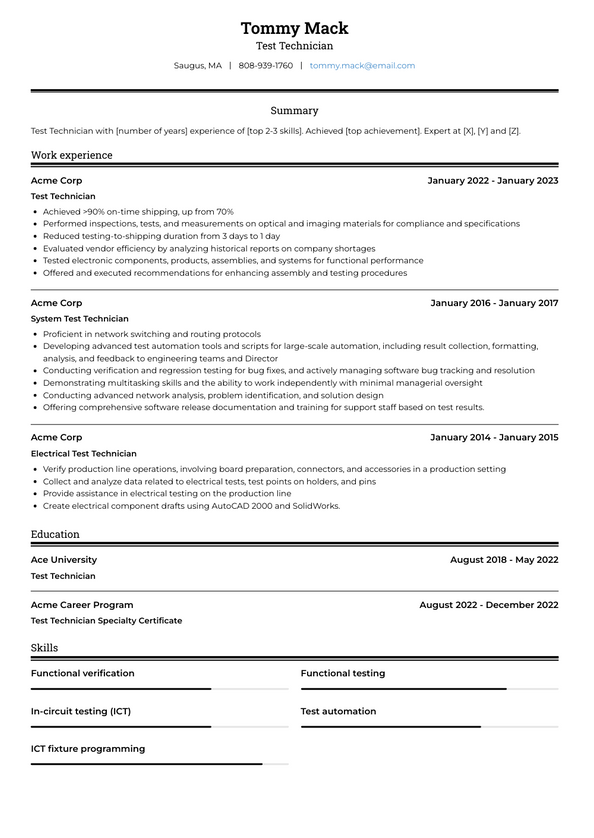 Test Technician Resume Examples and Templates