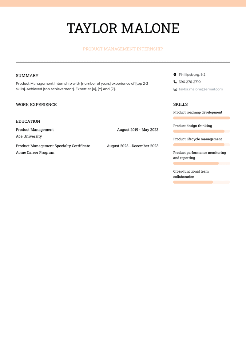 Product Management Internship Resume Sample and Template
