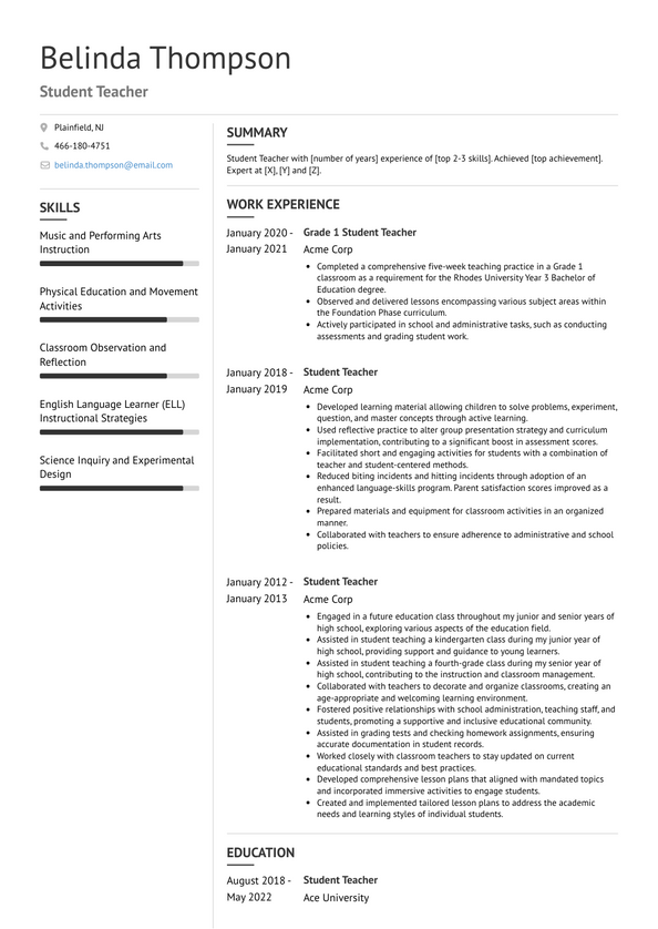 Student Teacher Resume Examples and Templates