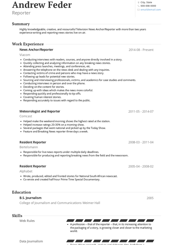 news reporter resume sample