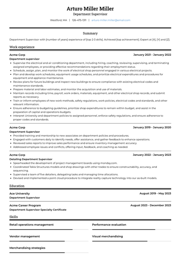 Department Supervisor Resume Examples and Templates