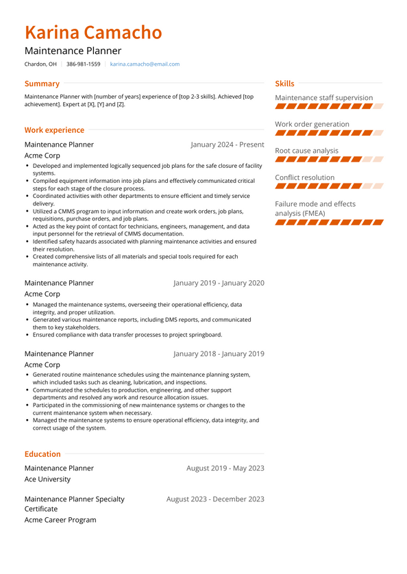 Maintenance Planner Resume Examples and Templates