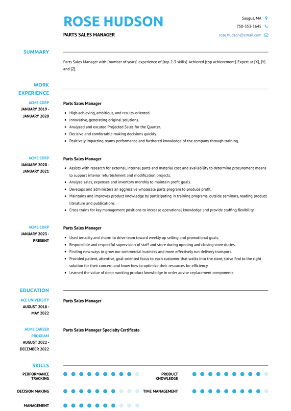 Parts Sales Manager Resume Examples and Templates