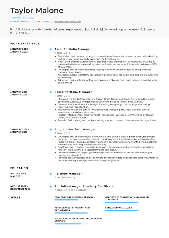 Portfolio Manager Resume Examples and Templates