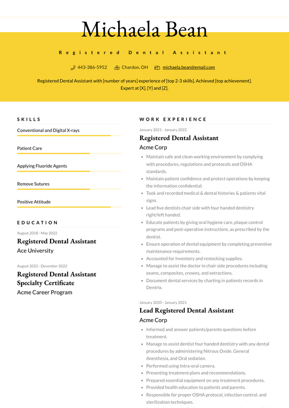 Registered Dental Assistant Resume Examples And Templates