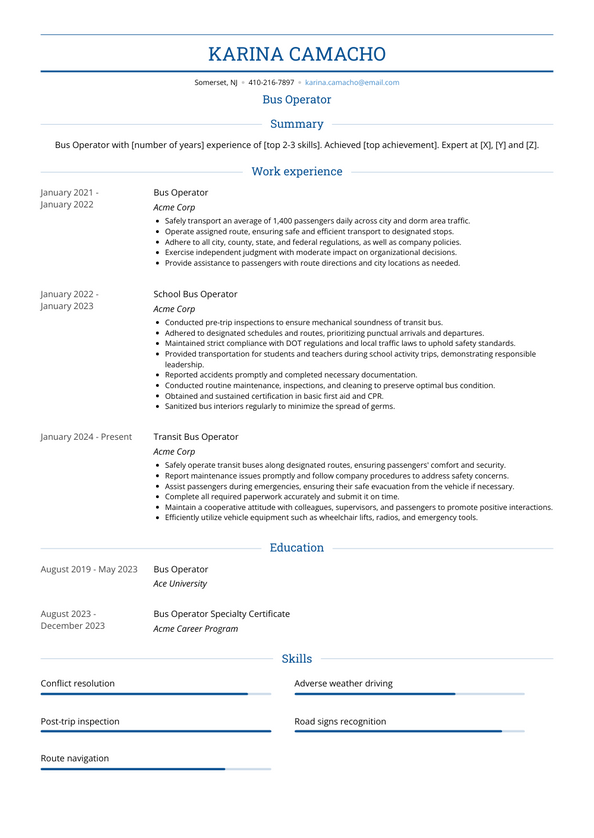 Bus Operator Resume Examples and Templates