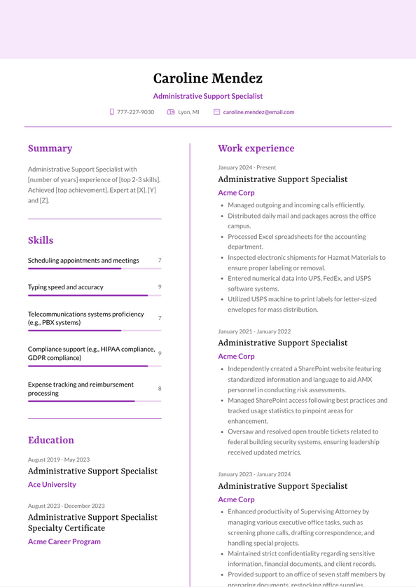 Administrative Support Specialist Resume Examples and Templates