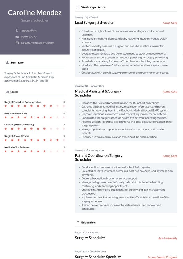 Surgery Scheduler Resume Examples and Templates