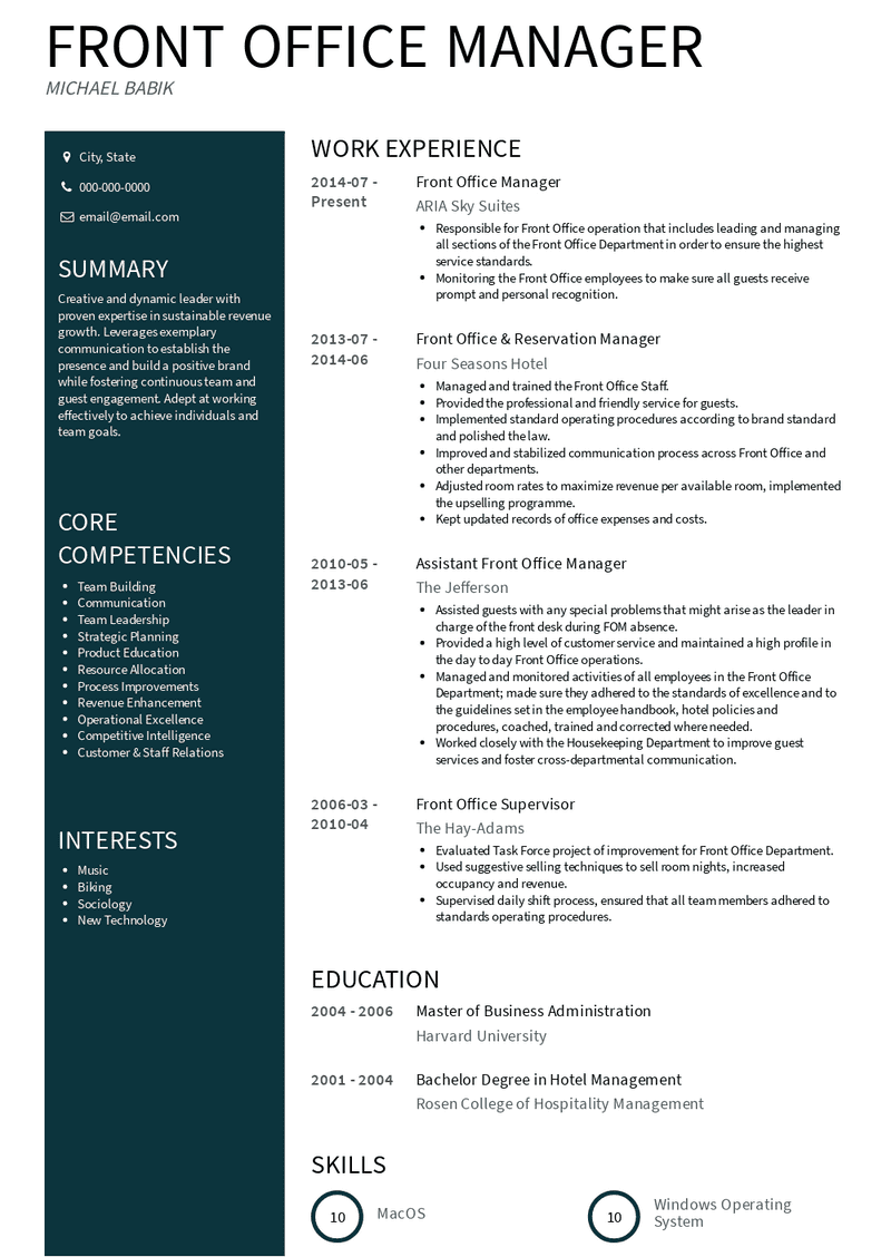 resume summary for front desk manager