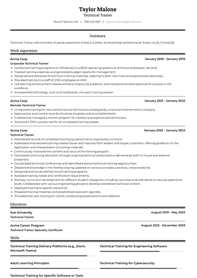 Technical Trainer Resume Examples and Templates