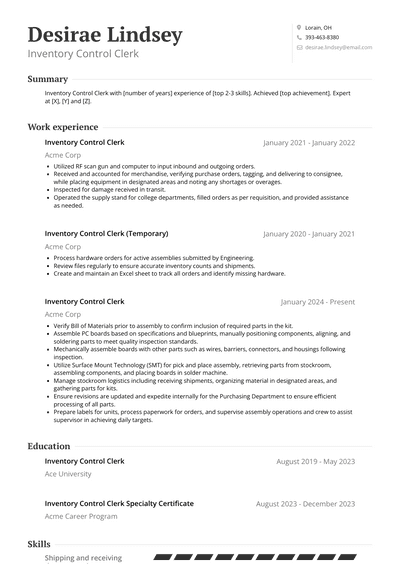 Inventory Control Clerk Resume Examples and Templates