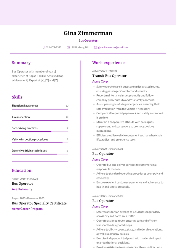 Bus Operator Resume Examples and Templates