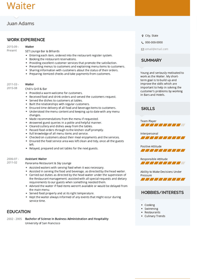 Waiter Resume Samples and Templates | VisualCV