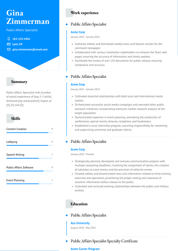 Public Affairs Specialist Resume Examples and Templates