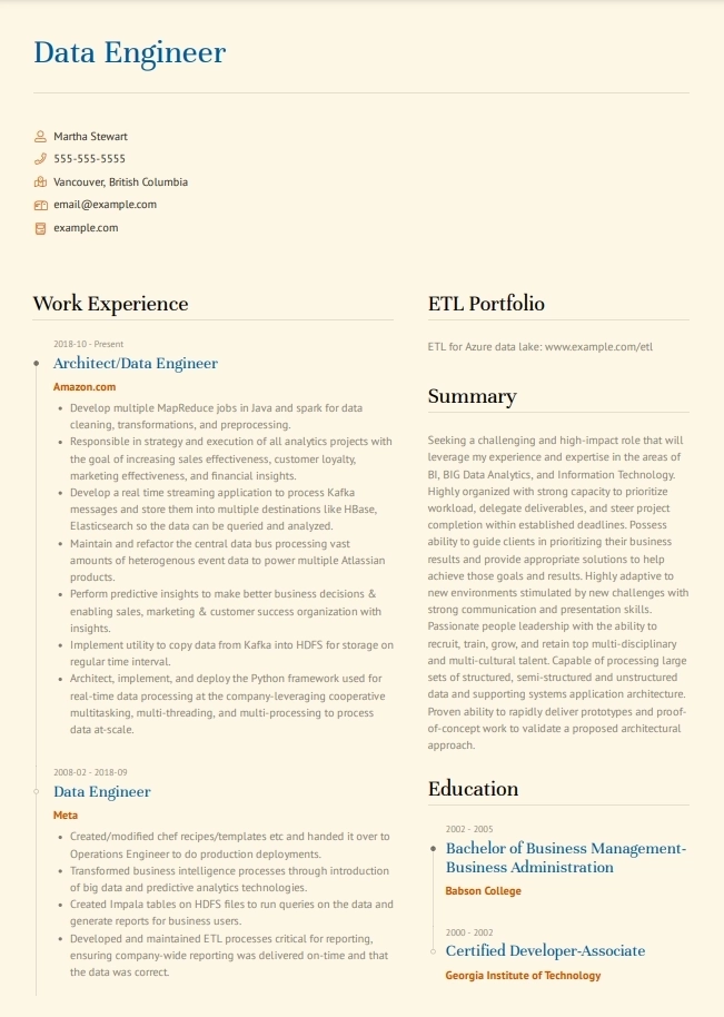 data engienering cv template for austria