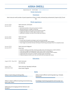Swim Instructor Resume Sample and Template