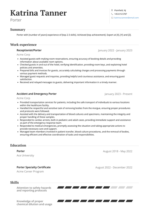 Porter Resume Examples and Templates