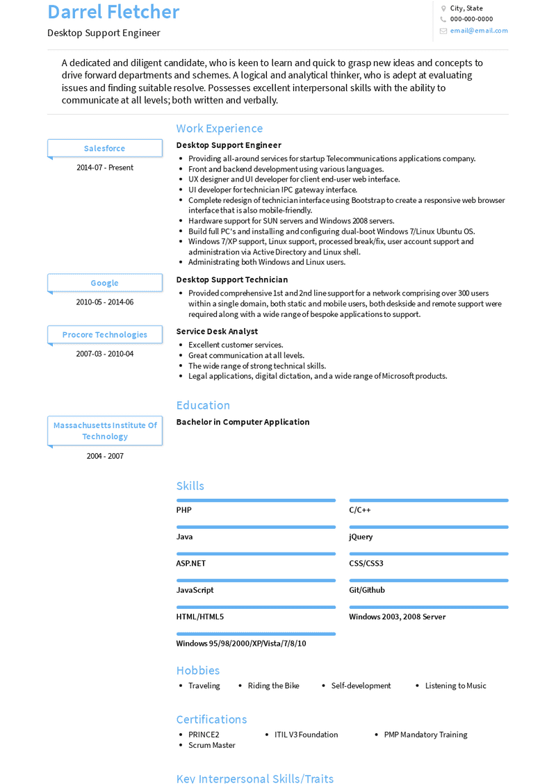 desktop support engineer responsibilities for resume