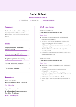 Freelance Production Assistant Resume Sample and Template