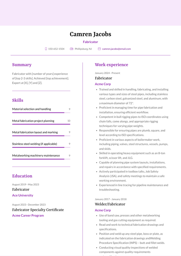 3+ Fabricator Resume Examples and Templates