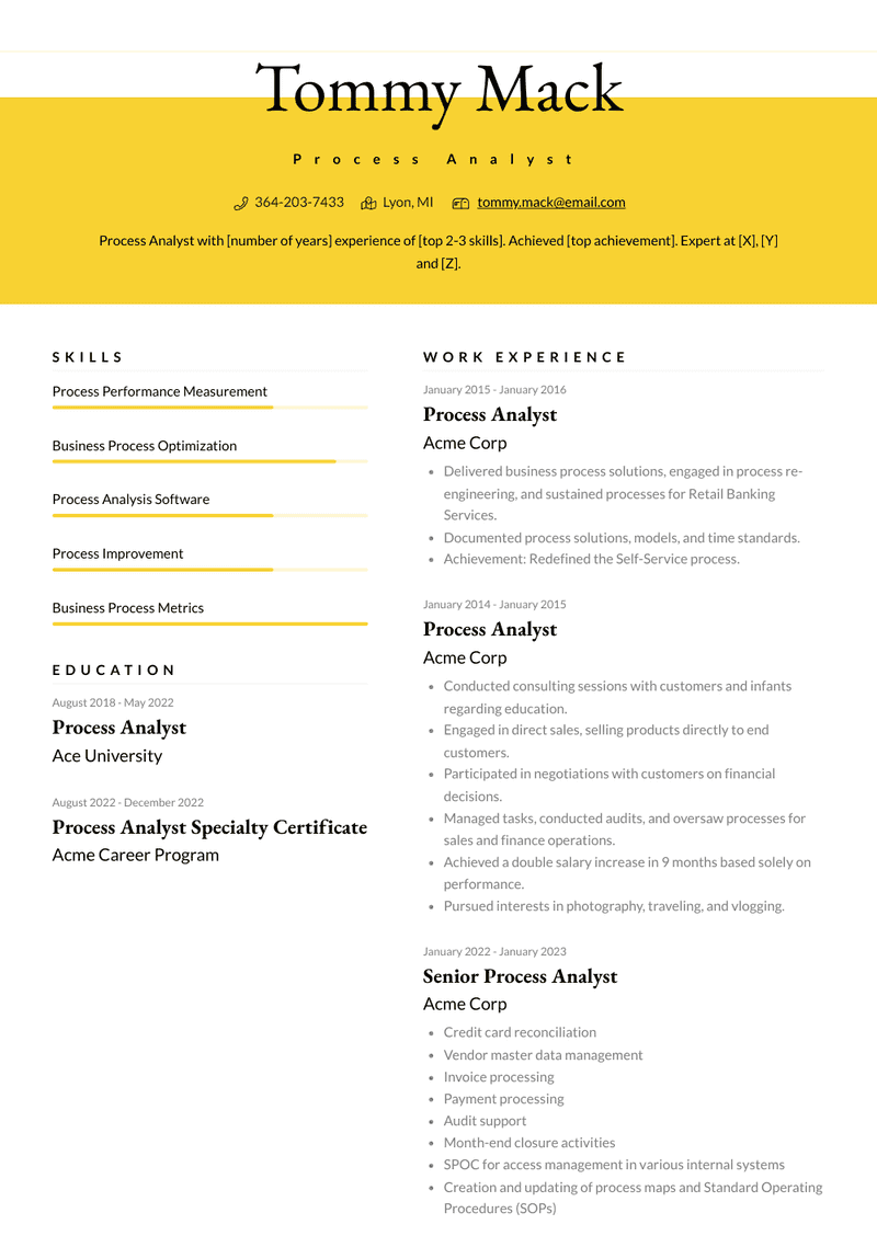 Process Analyst Resume Sample and Template