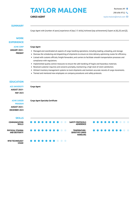 Cargo Agent Resume Examples and Templates